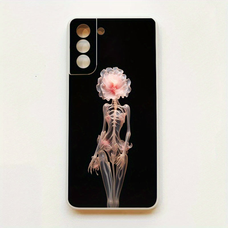 Black White Cute Rose Skull Pattern Samsung Case