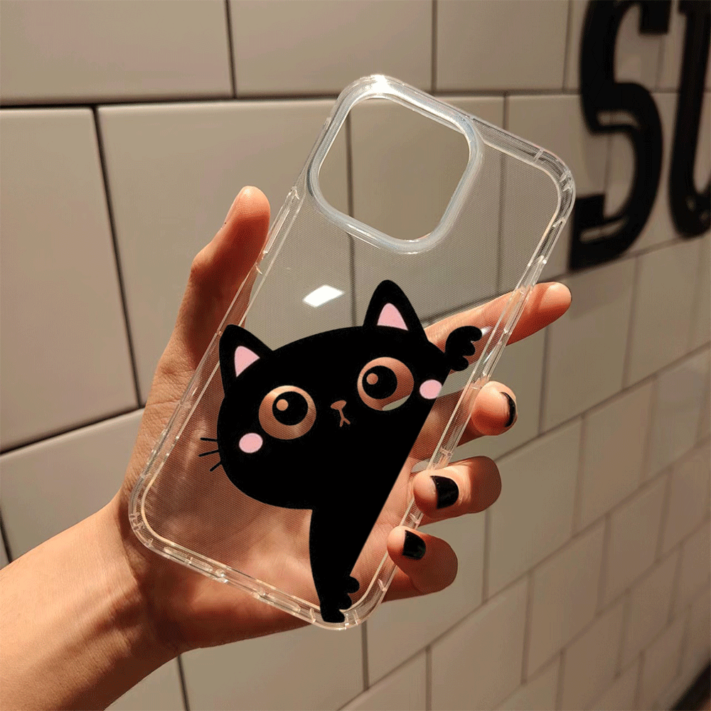 Rosy Brown Black Cute Cat Pattern Clear iPhone Case