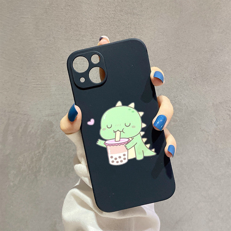 Dark Gray Cute Little Dino Loves Boba Milk Tea Iphone Case