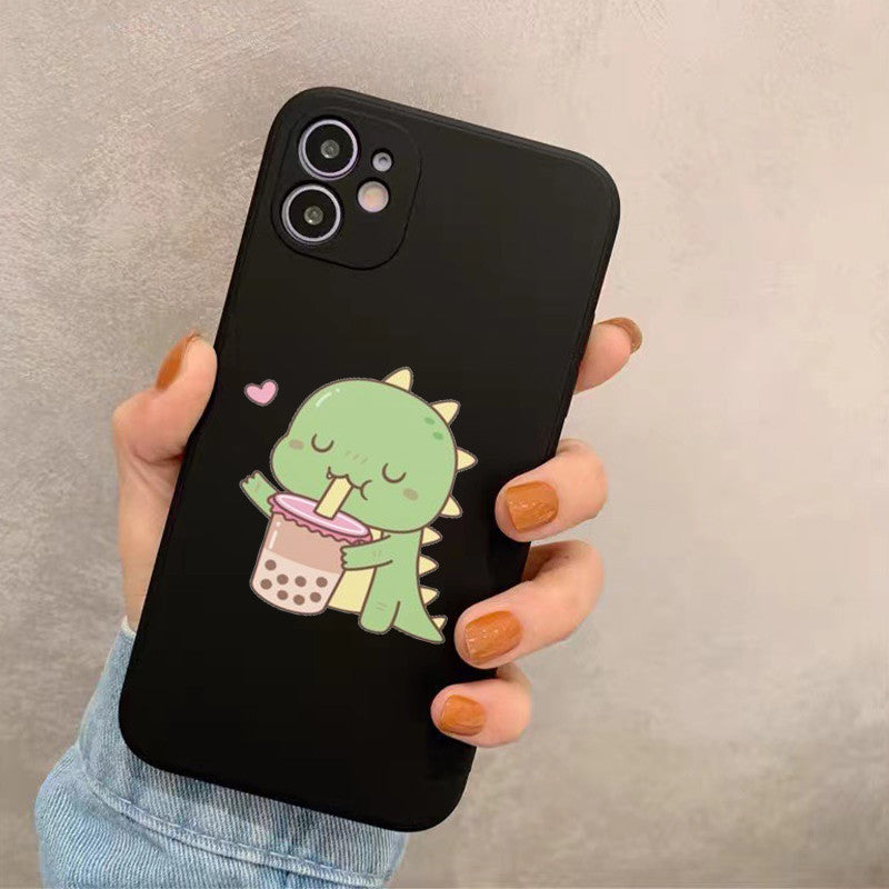 Gray Cute Little Dino Loves Boba Milk Tea Iphone Case