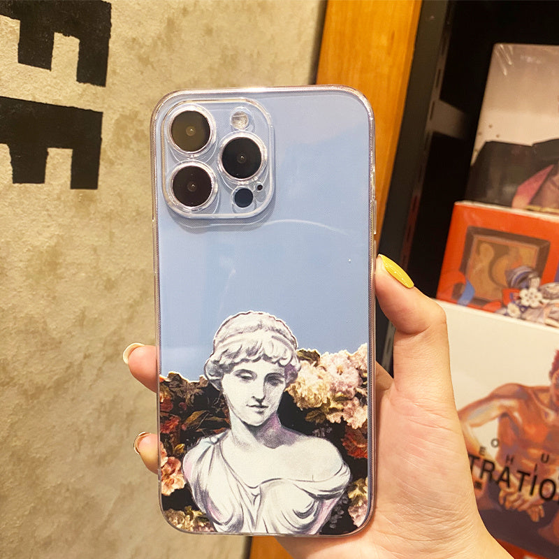 Tan Anti-slip Vintage Flower Painting Soft Clear Tpu Phone Case For Iphone 11 12 13 14 Statue Of David Lightweight Phone Cover Case